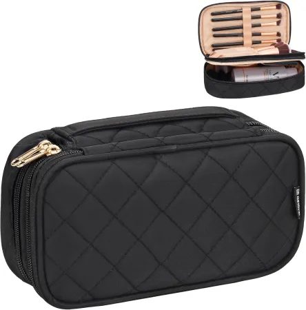 Small Makeup Bag, Relavel Cosmetic Bag for Women 2 Layer Travel Makeup Organizer Black Handbag Purse Pouch Compact Capac