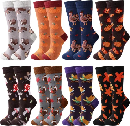 8 Pairs Thanksgiving Socks Men's Fall Socks Gift Thanksgiving Dress Socks Holiday Novelty Turkey Squirrel Socks for Adul