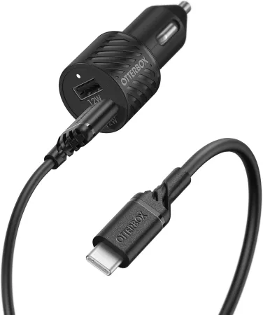 OtterBox USB-A Dual Port Car Charger, 24W Combined + OtterBox USB A-C 1M Cable - Black