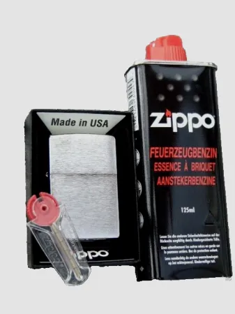 Zippo Set Chrom gebürstet Zippo Benzin & ZiPPO Zündsteine NEU & OPV