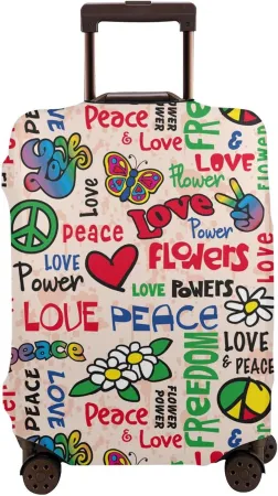 Travel Suitcase Protector Peace Love Flowers Power Hippie Sign Elastic Protective Washable Luggage Cover with Concealed 