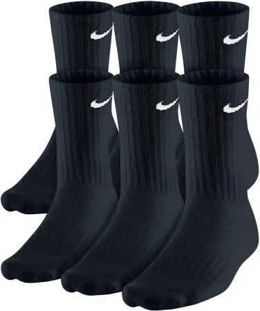 NIKE Dri-Fit Training Cotton Cushioned Crew Socks 6 PAIR Black with White Signature Swoosh Logo) LARGE 8-12