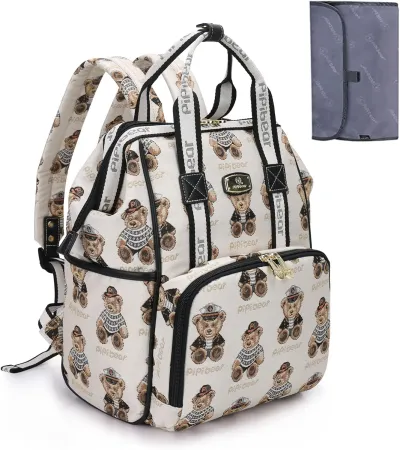 pipi bear Diaper Bag Backpack, Stylish Cute Travel Baby Diaper Bag, Jacquard Maternity Nappy Bag for Mom and Dad with Ch