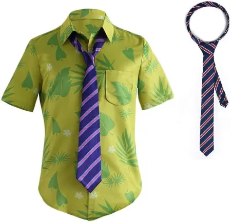 US Size Green Printed T-Shirt Purple Tie for Mens Hawaiian Floral Shirts Cosplay Halloween or Holiday Beach Shirts